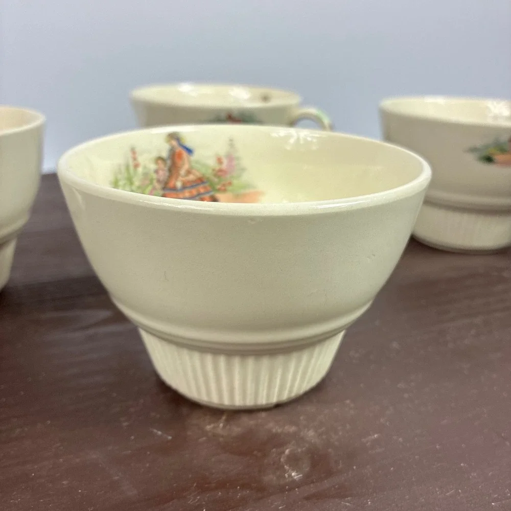 Vintage Salem China Godey Prints Demitasse Teacups Victory Ribbed Shape Set of 4